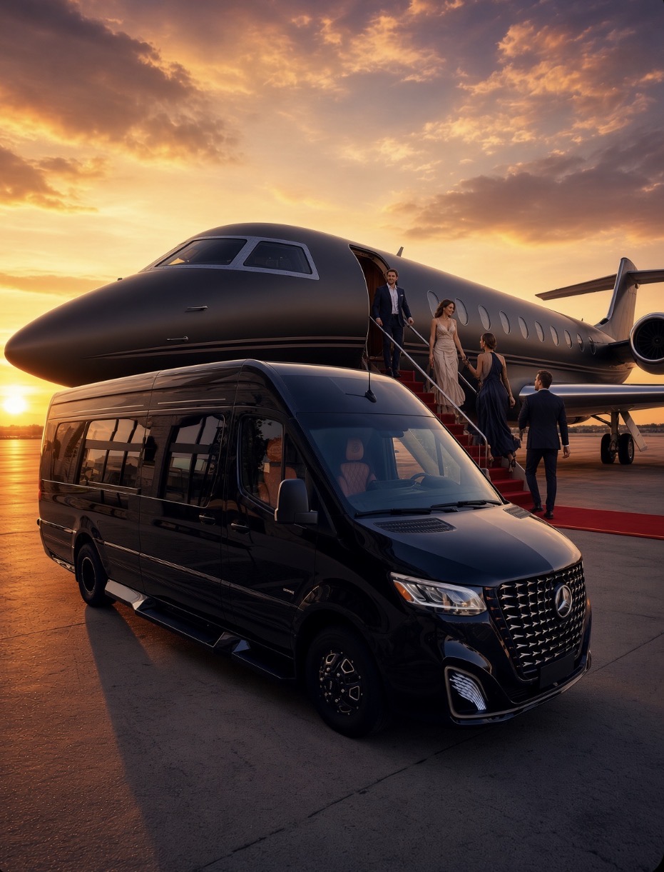 Our Sprinter waiting on the tarmac beside a private jet at sunset