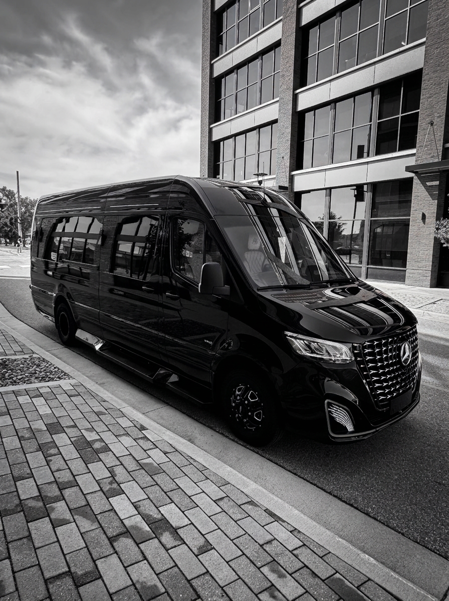 Our black luxury Mercedes Sprinter on the street