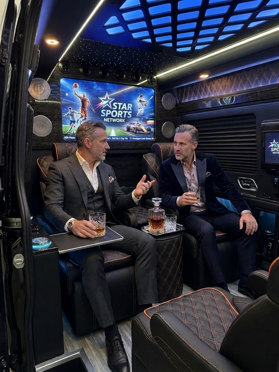 Two executives in suits meeting over drinks inside the private cabin