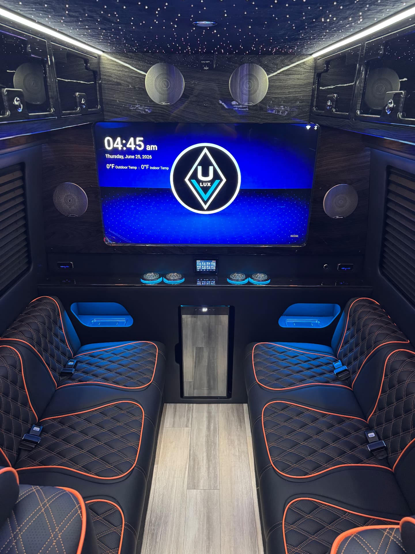 Forward cabin with premium leather seating and accent lighting