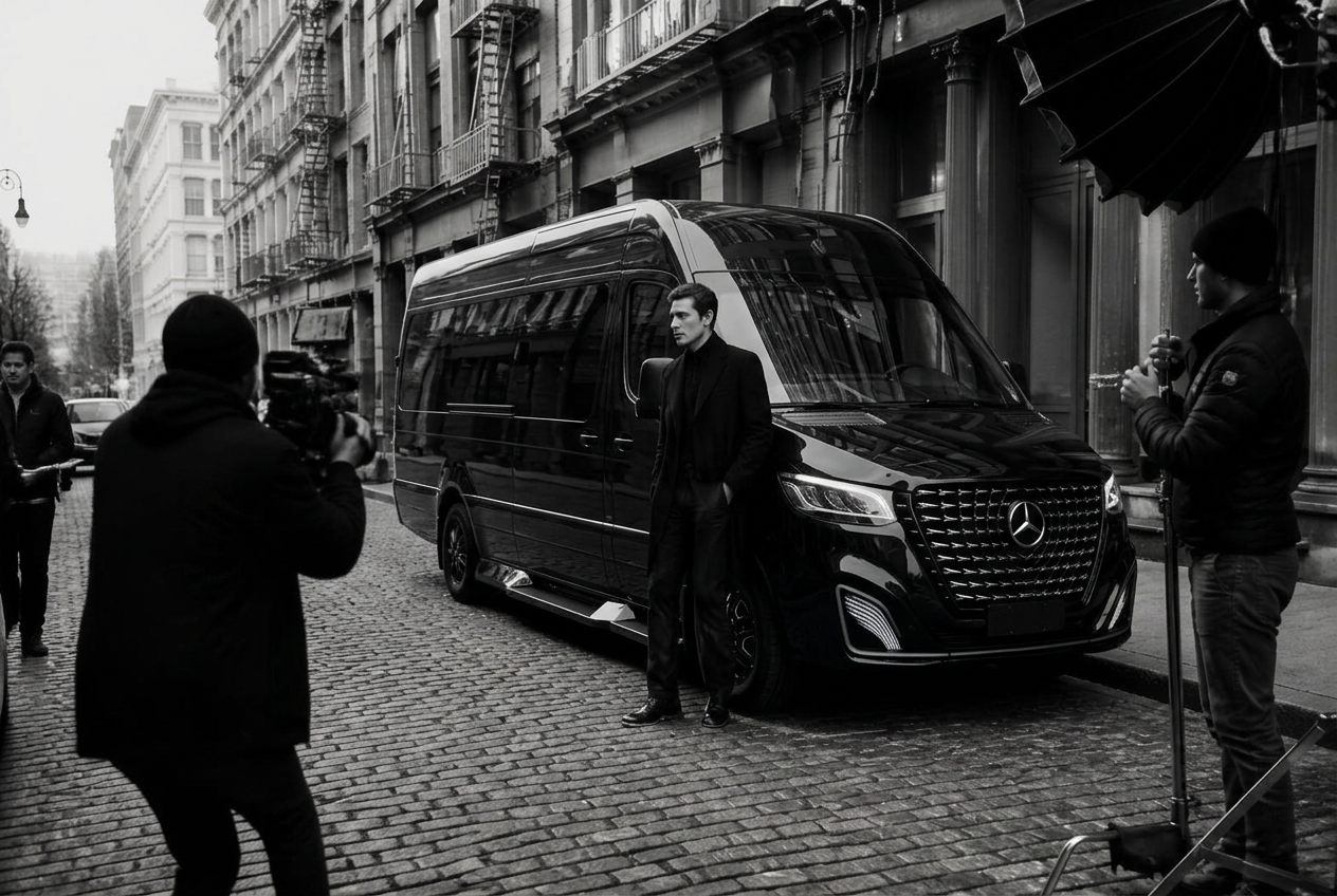 Photographer capturing a subject beside the vehicle